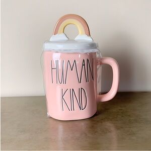 New Rae Dunn Magenta Large Capacity ‘Human Kind’ Coffee Mug With Rainbow Lid